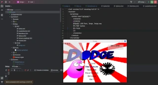 Screenshot of rider IDE behind a Game window for a game made with XNA/MonoGame called Dodge running on a Linux system
